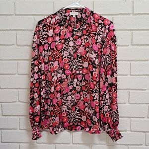 NEW Chenault Floral Flowy Button Down Smocked Long Sleeve Blouse Medium